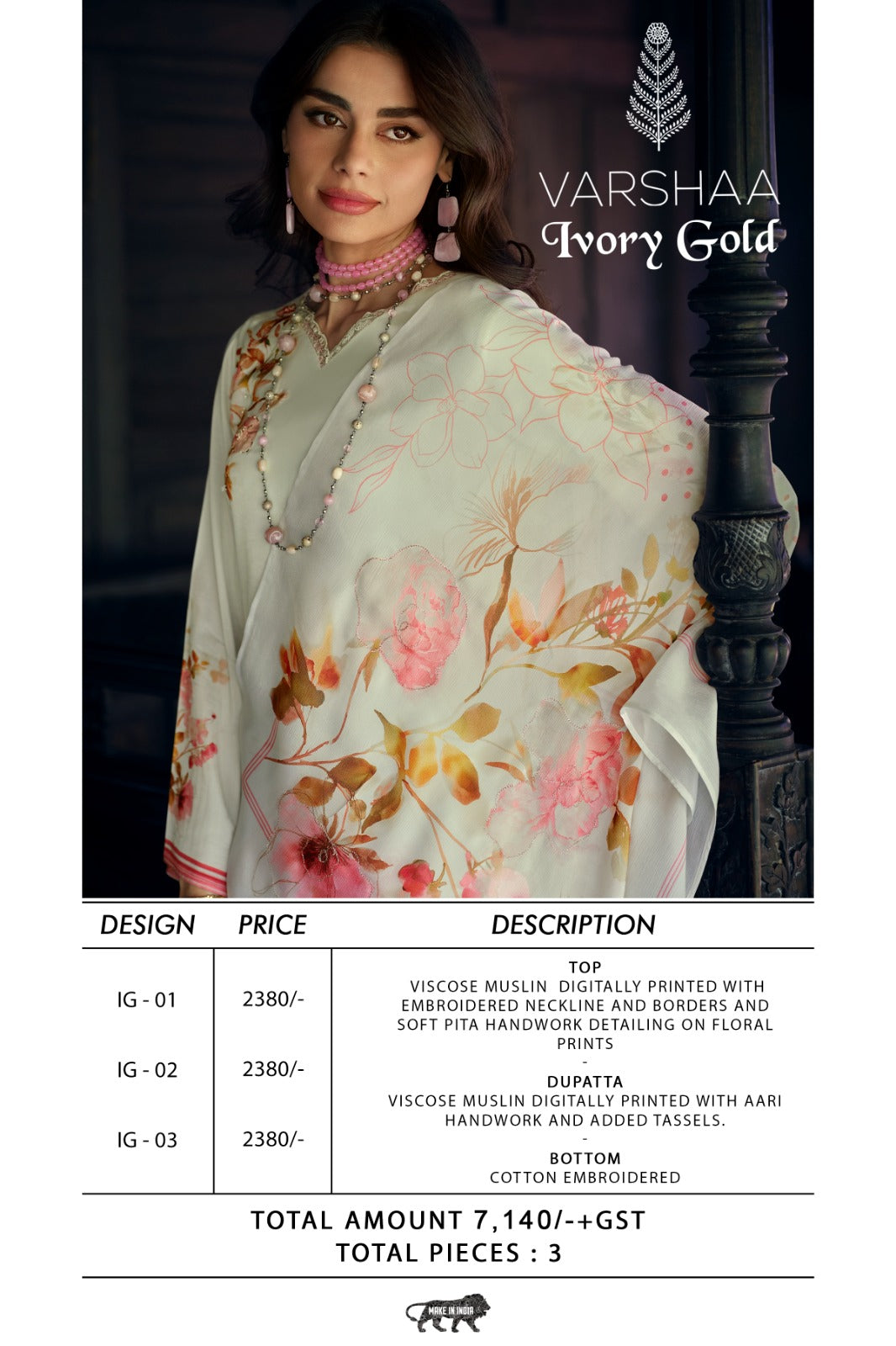Ivory Gold Varshaa Viscose Muslin Pant Style Suits Manufacturer India