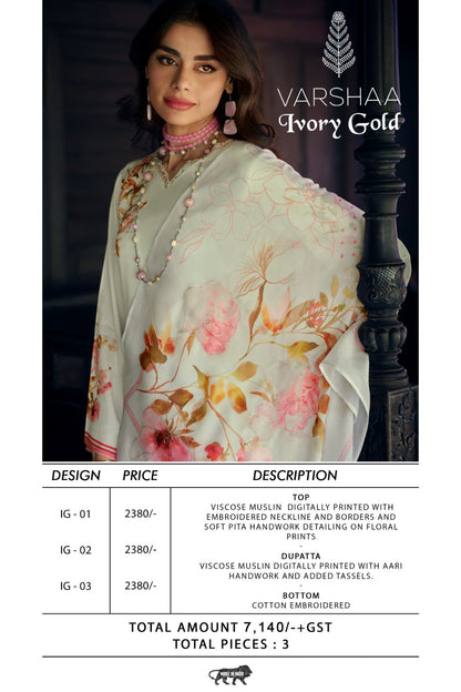 Ivory Gold Varshaa Viscose Muslin Pant Style Suits Manufacturer India