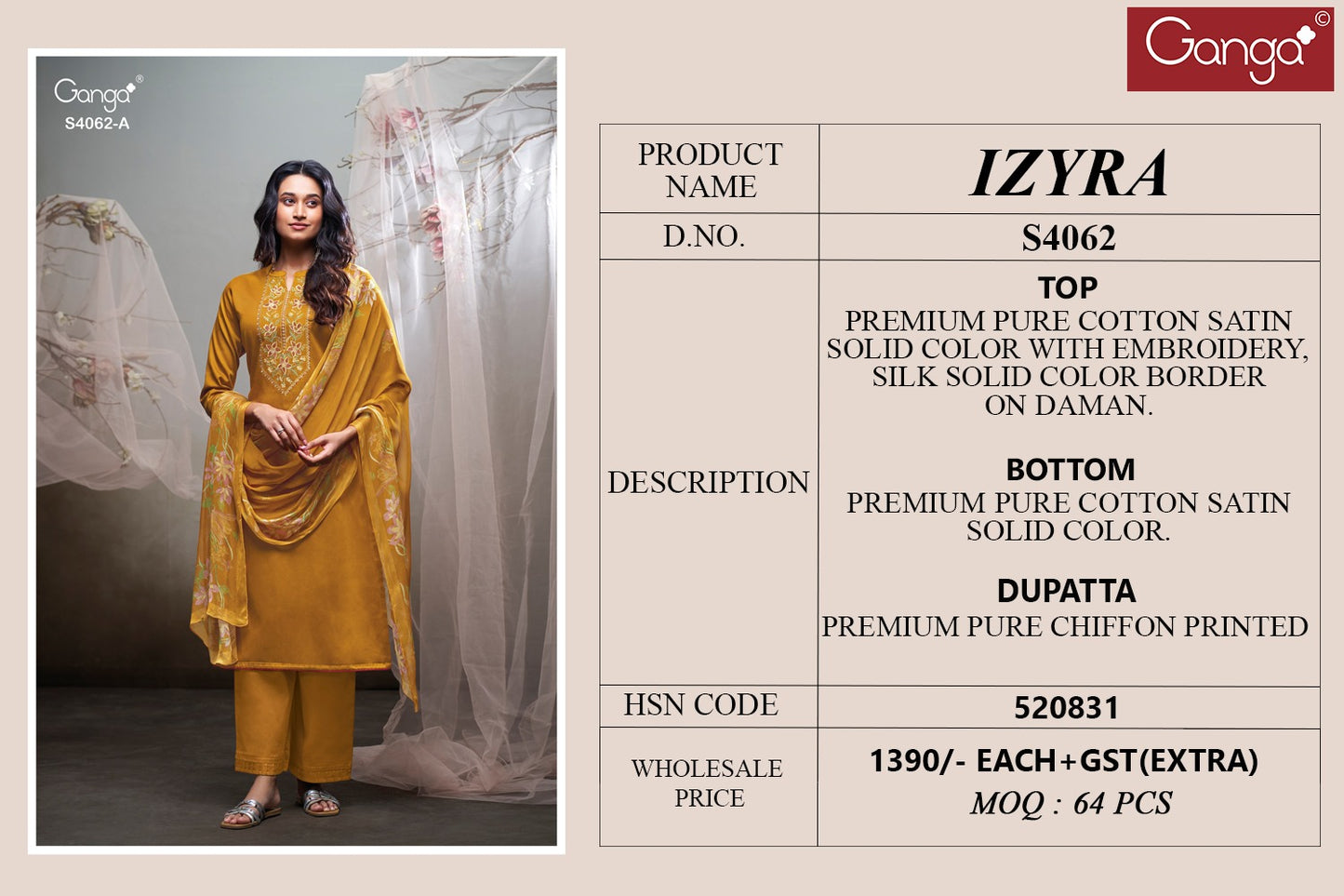 Izyra 4062 Ganga Cotton Satin Pant Style Suits Wholesale Rate