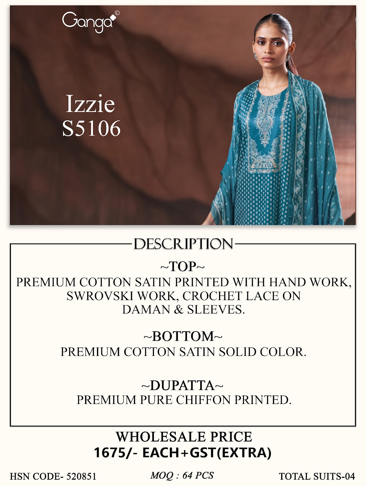 Izzie S5106 Ganga Cotton Satin Pant Style Suits Wholesale Price