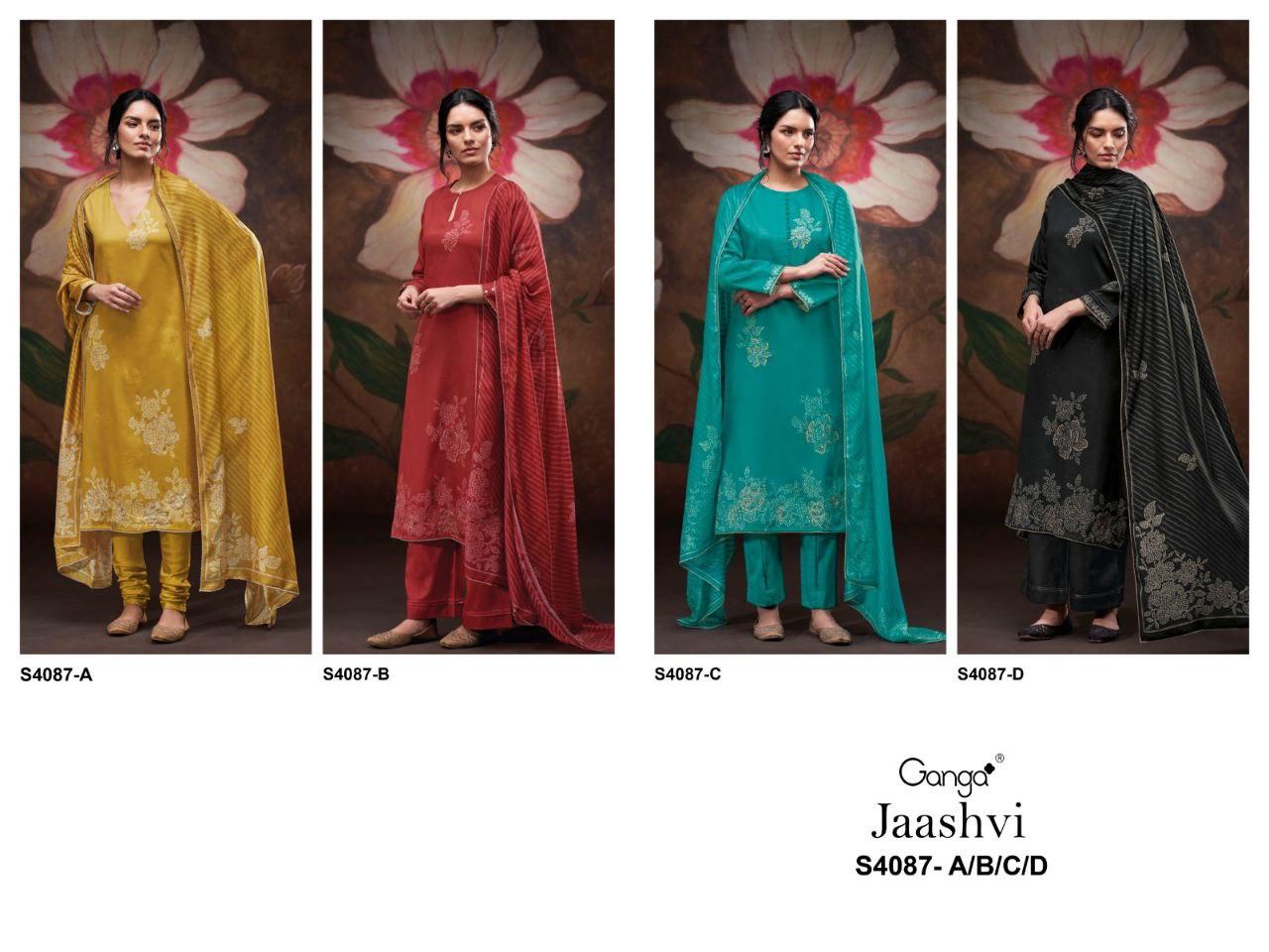 Jaashvi 4087 Ganga Cotton Satin Pant Style Suits Wholesaler India