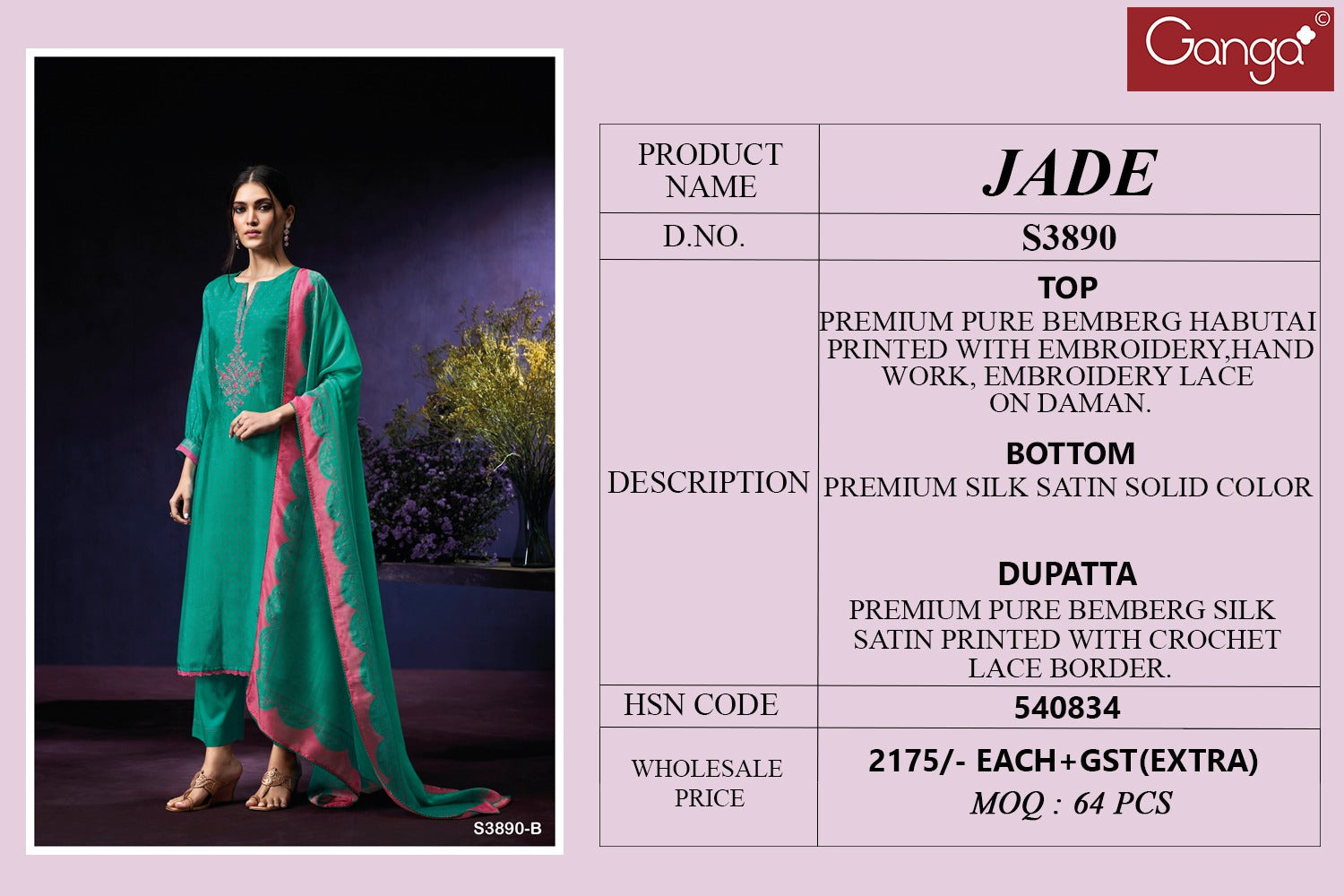Jade 3890 Ganga Bemberg Plazzo Style Suits Supplier Ahmedabad