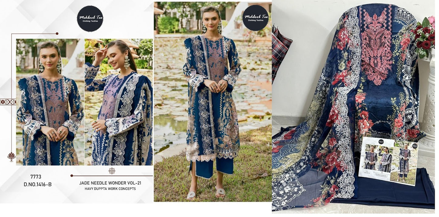 Jade Needle Wonder Vol 21-1416 Mehboob Tex Pure Cotton Pakistani Patch Work Suits Exporter