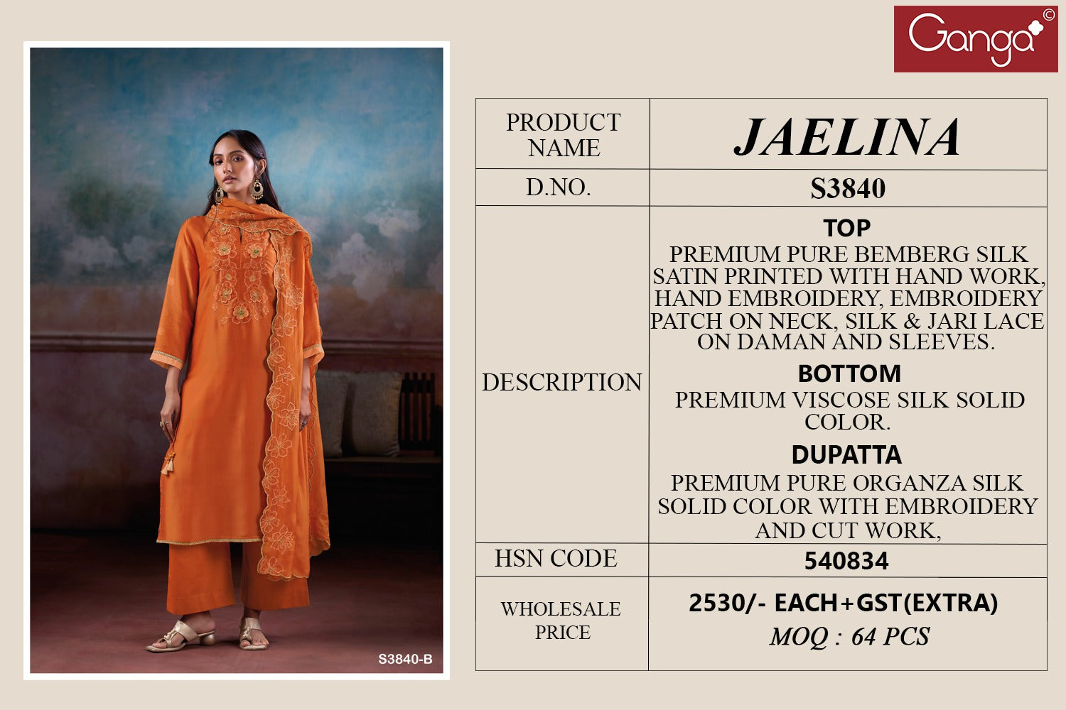 Jaelina 3840 Ganga Bemberg Silk Plazzo Style Suits Exporter