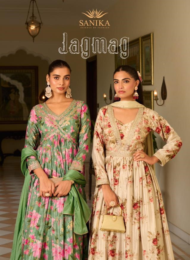 Jagmag Sanika Fashion Chinon Silk Gown Dupatta Set Manufacturer India
