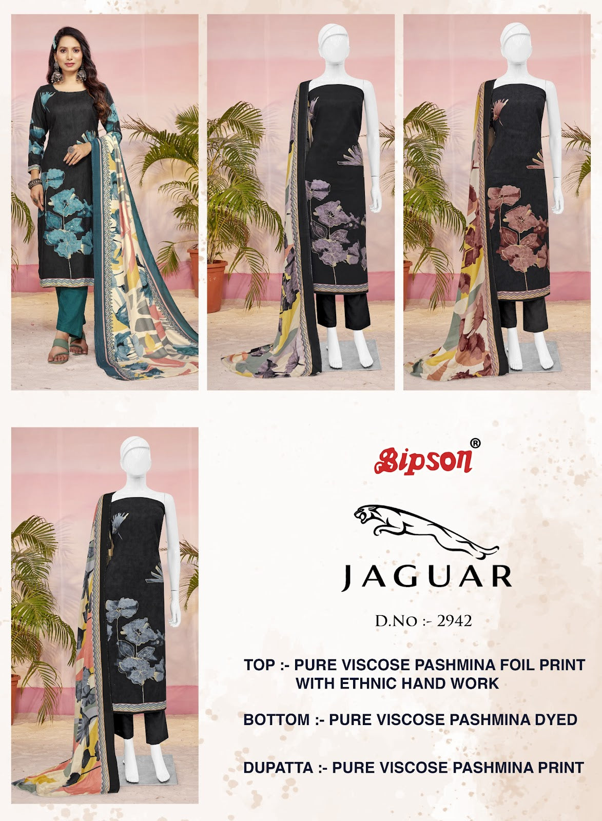 Jaguar 2942 Bipson Prints Viscose Pashmina Suits Wholesaler Gujarat