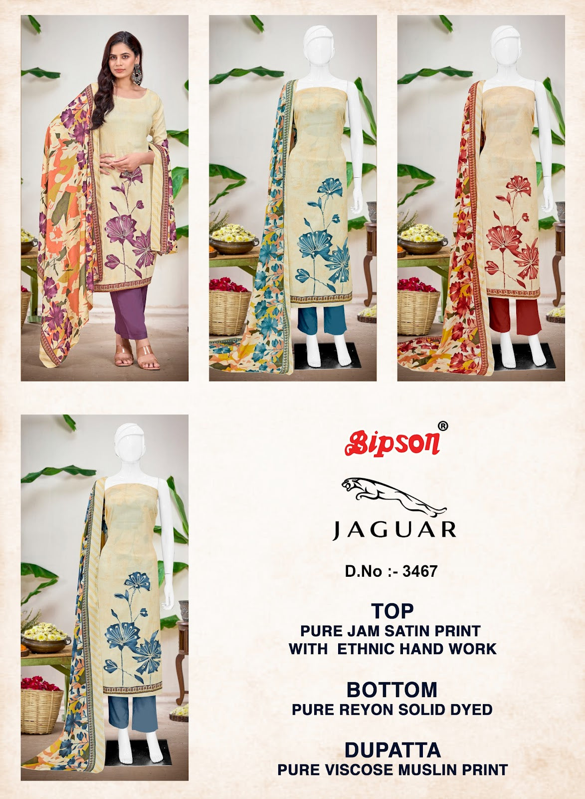 Jaguar 3467 Bipson Prints Pure Jaam Pant Style Suits Wholesaler Ahmedabad