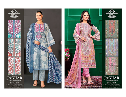 Jaguar 4153-4154 Skt Cotton Dress Material Chiffon Dupatta Supplier