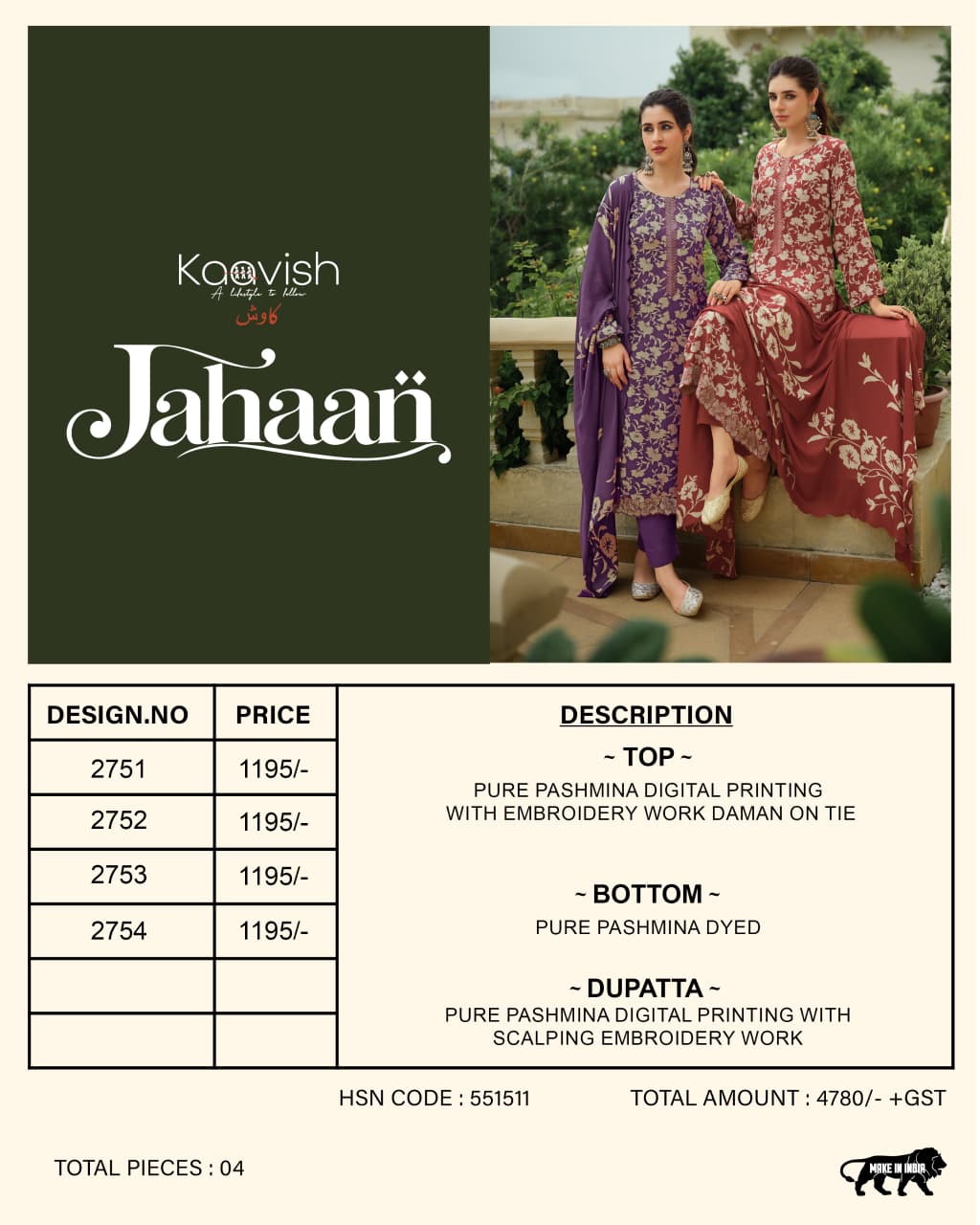 Jahaan Kaavish Viscose Pashmina Suits Wholesaler India
