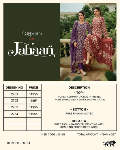 Jahaan Kaavish Viscose Pashmina Suits Wholesaler India