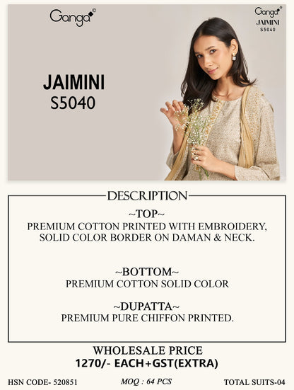 Jaimini S5040 Ganga Cotton Pant Style Suits Wholesaler Ahmedabad