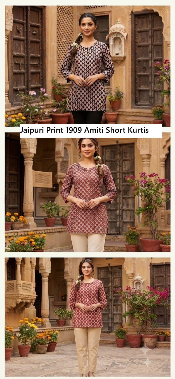 Jaipuri Print 1909 Amiti Cotton Short Kurtis Manufacturer Ahmedabad