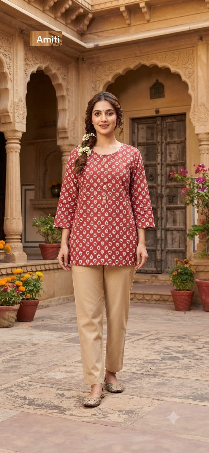 Jaipuri Print 1909 Amiti Cotton Short Kurtis Manufacturer Ahmedabad