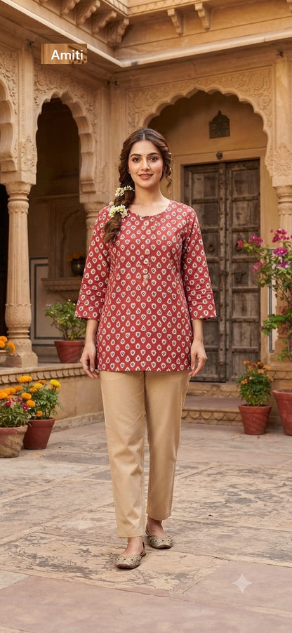 Jaipuri Print 1909 Amiti Cotton Short Kurtis Manufacturer Ahmedabad