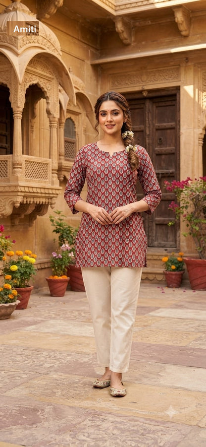 Jaipuri Print 1909 Amiti Cotton Short Kurtis Manufacturer Ahmedabad