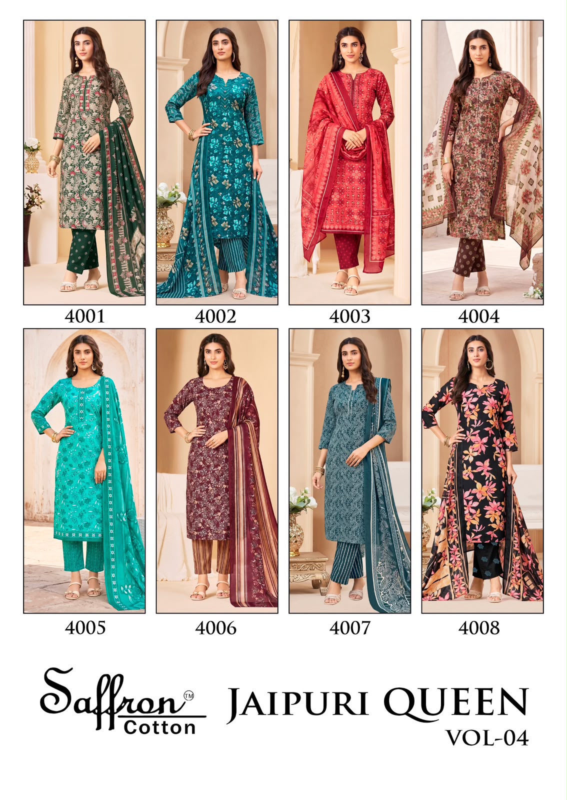 Jaipuri Queen Vol 4 Saffron Cotton Mix Cotton Karachi Salwar Suits Wholesaler Gujarat