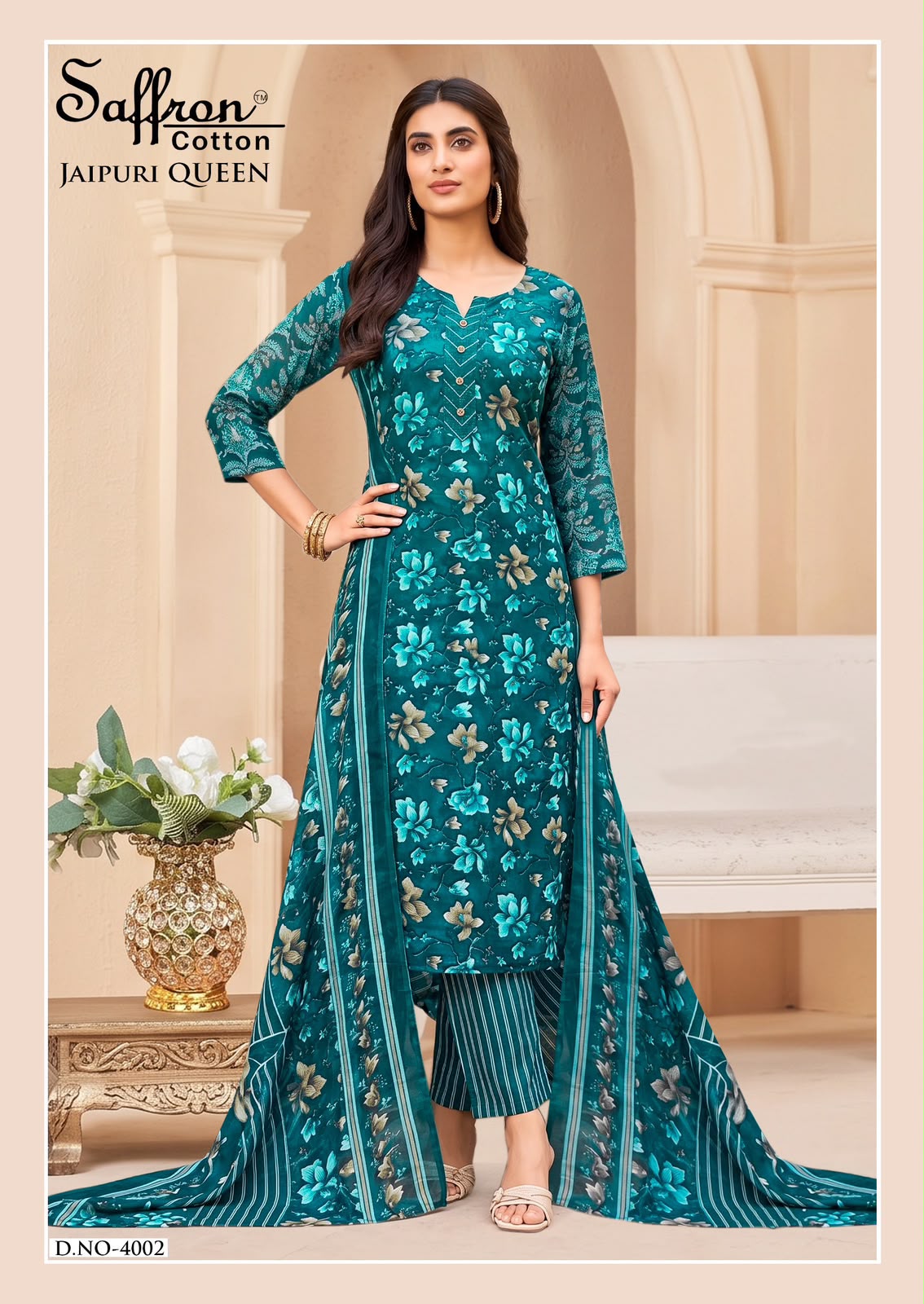 Jaipuri Queen Vol 4 Saffron Cotton Mix Cotton Karachi Salwar Suits Wholesaler Gujarat