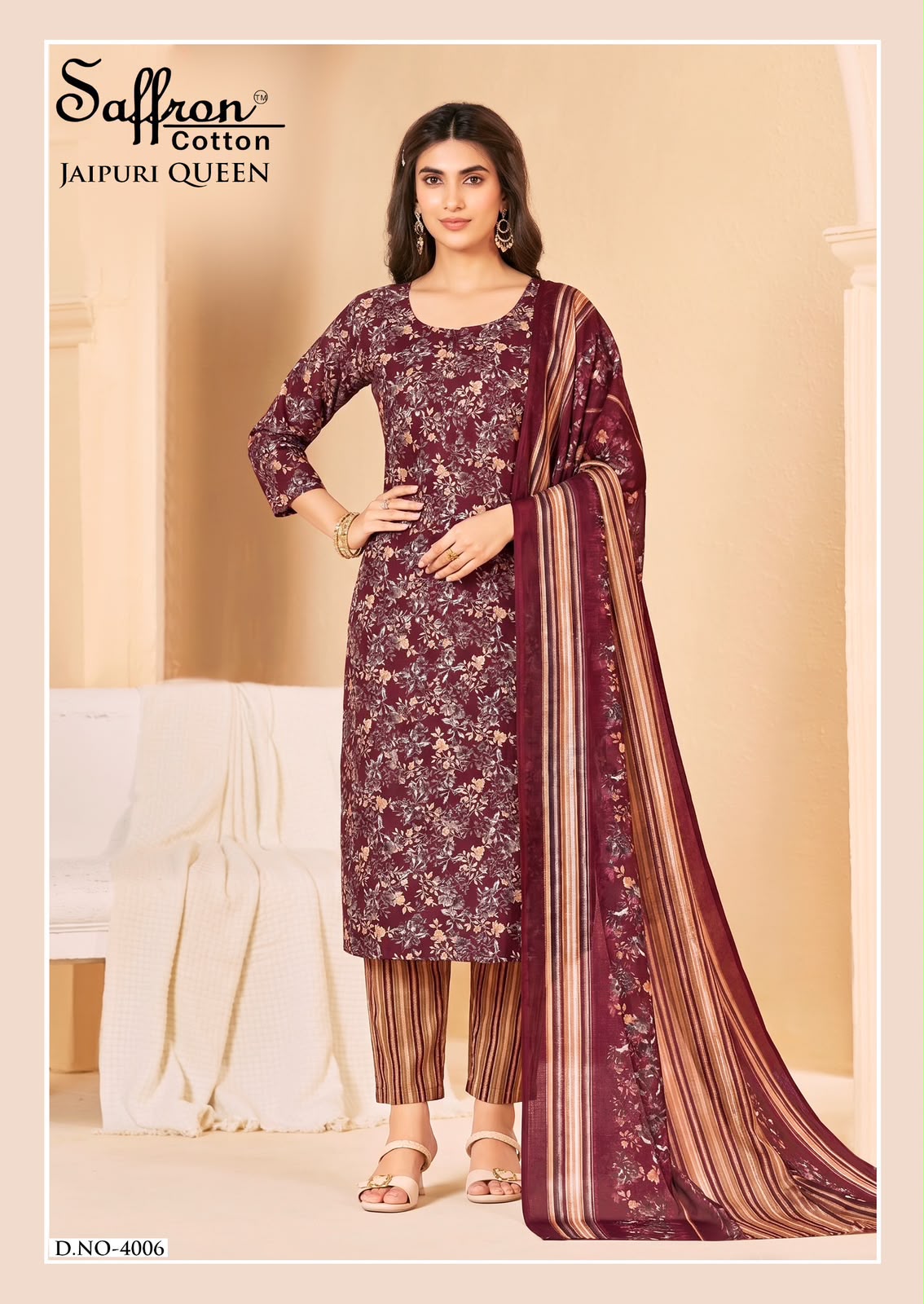 Jaipuri Queen Vol 4 Saffron Cotton Mix Cotton Karachi Salwar Suits Wholesaler Gujarat