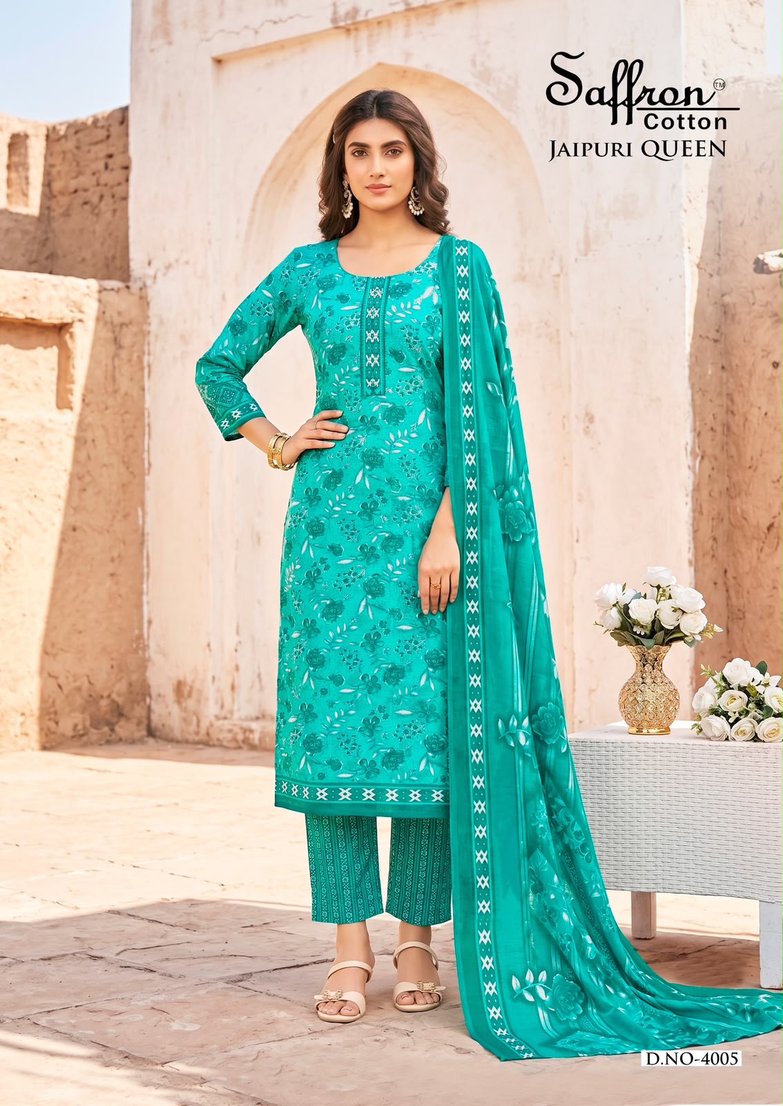 Jaipuri Queen Vol 4 Saffron Cotton Mix Cotton Karachi Salwar Suits Wholesaler Gujarat