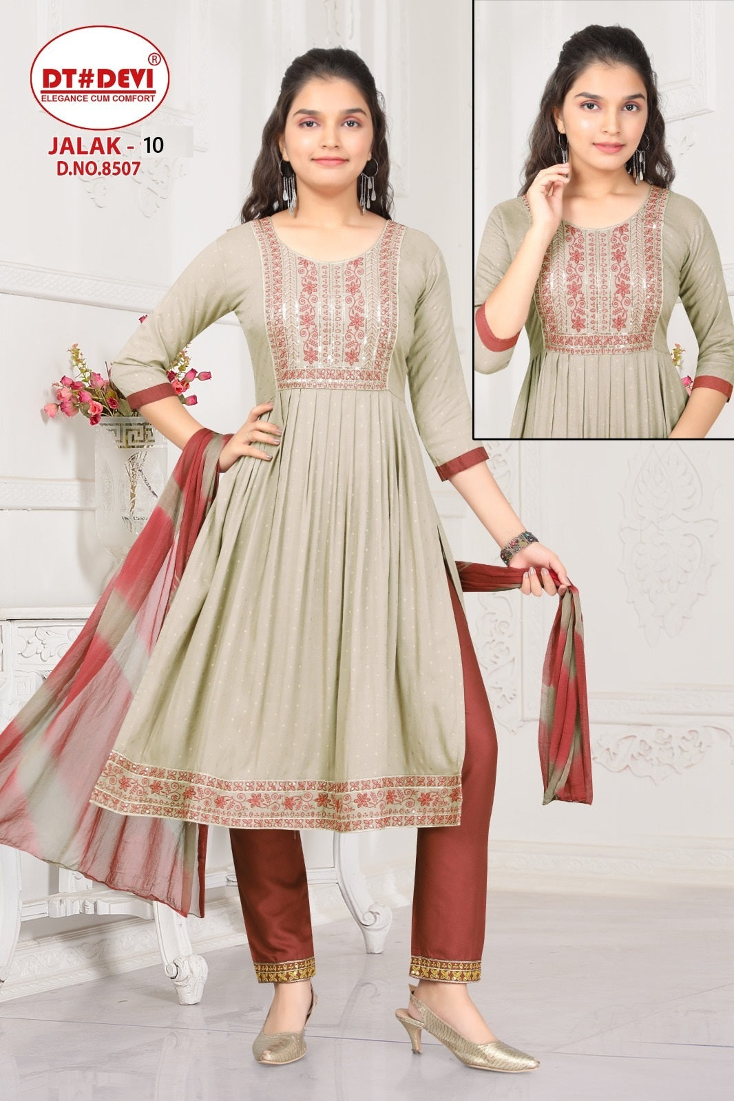 Jalak 10 Dn 8612 Dt Devi Rayon Girls Readymade Pant Suits Wholesale Price