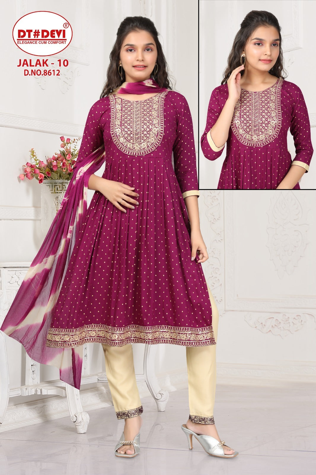Jalak 10 Dn 8612 Dt Devi Rayon Girls Readymade Pant Suits Wholesale Price