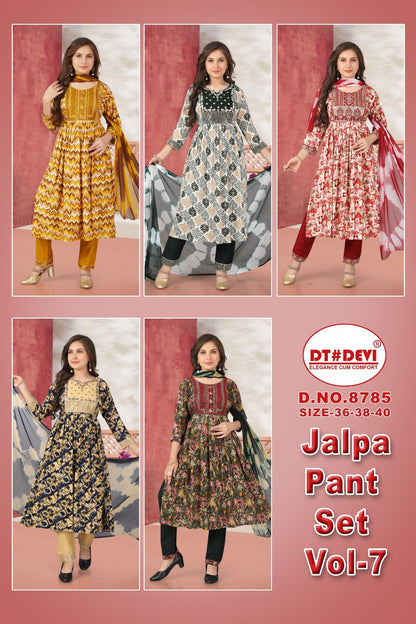 Jalpa Vol 7 8785 Dt Devi Rayon Girls Readymade Pant Suits Wholesaler Ahmedabad