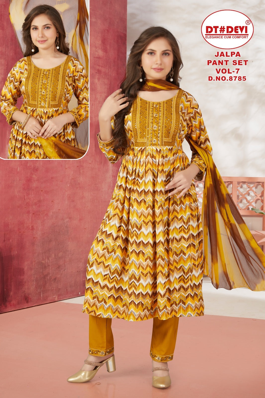 Jalpa Vol 7 8785 Dt Devi Rayon Girls Readymade Pant Suits Wholesaler Ahmedabad