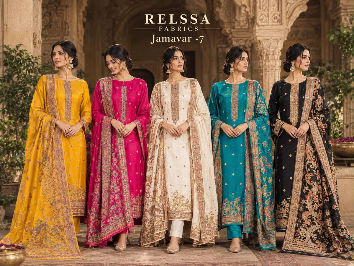 Jamavar Vol 7 Relssa Fabrics Jacquard Pashmina Suits Exporter
