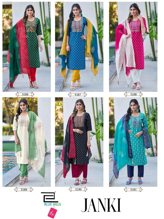 Janki Blue Hills Rayon 22Kg Readymade Pant Style Suits Exporter India