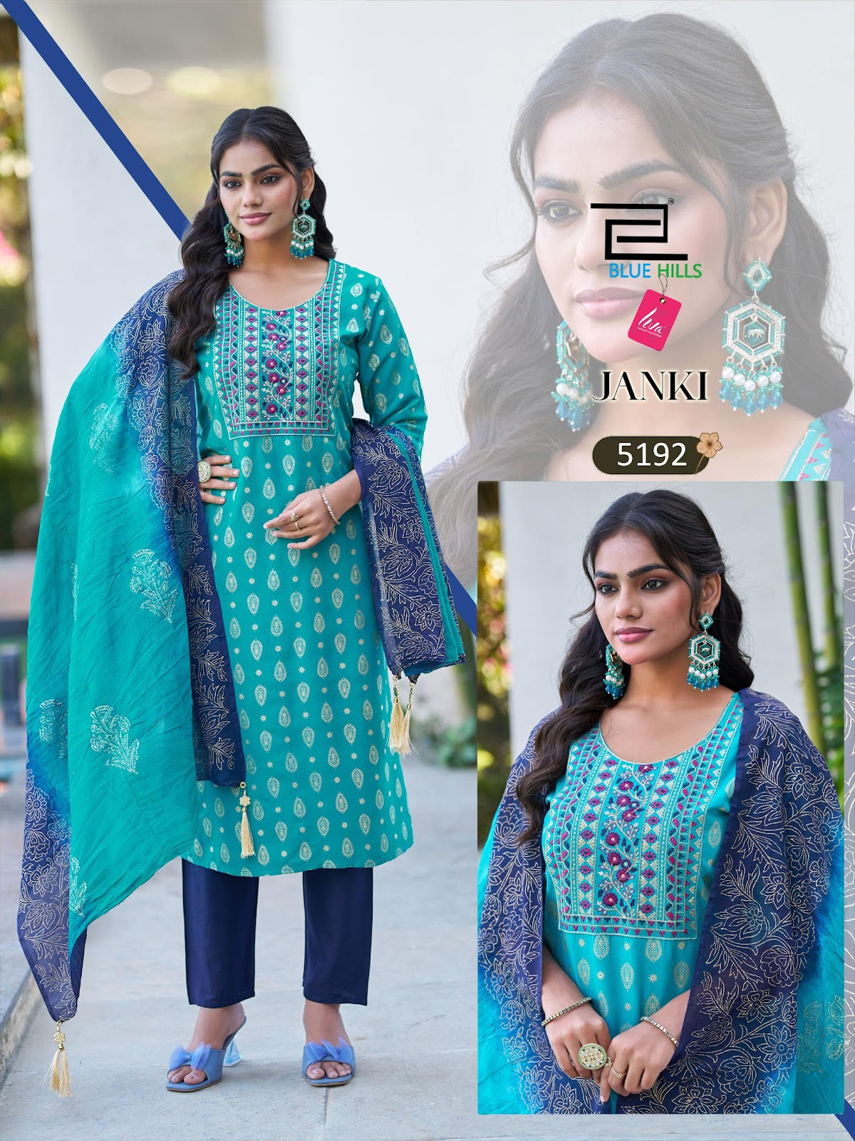 Janki Blue Hills Rayon 22Kg Readymade Pant Style Suits Exporter India