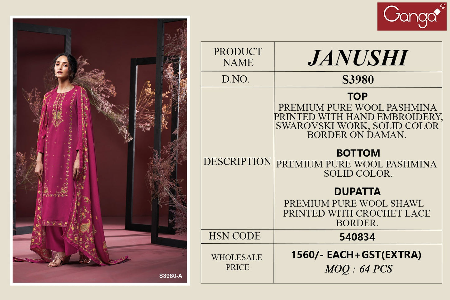 Janushi 3980 Ganga Pashmina Suits Supplier Gujarat