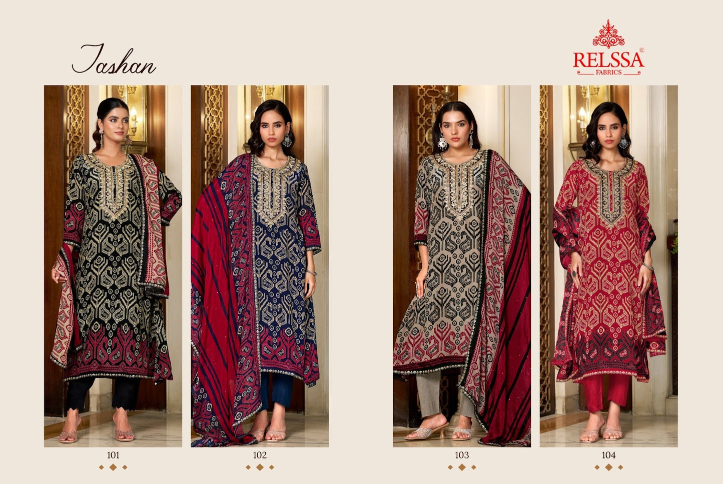 Jashan Relssa Fabrics Natural Crape Pant Style Suits Exporter India