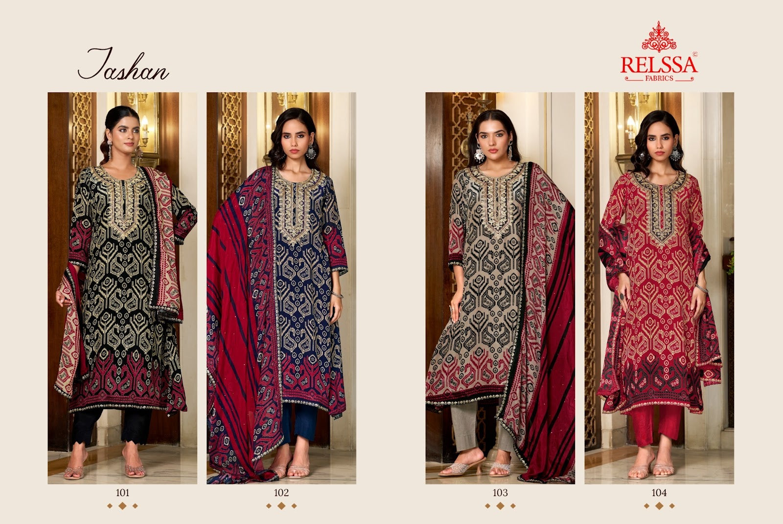 Jashan Relssa Fabrics Natural Crape Pant Style Suits Exporter India