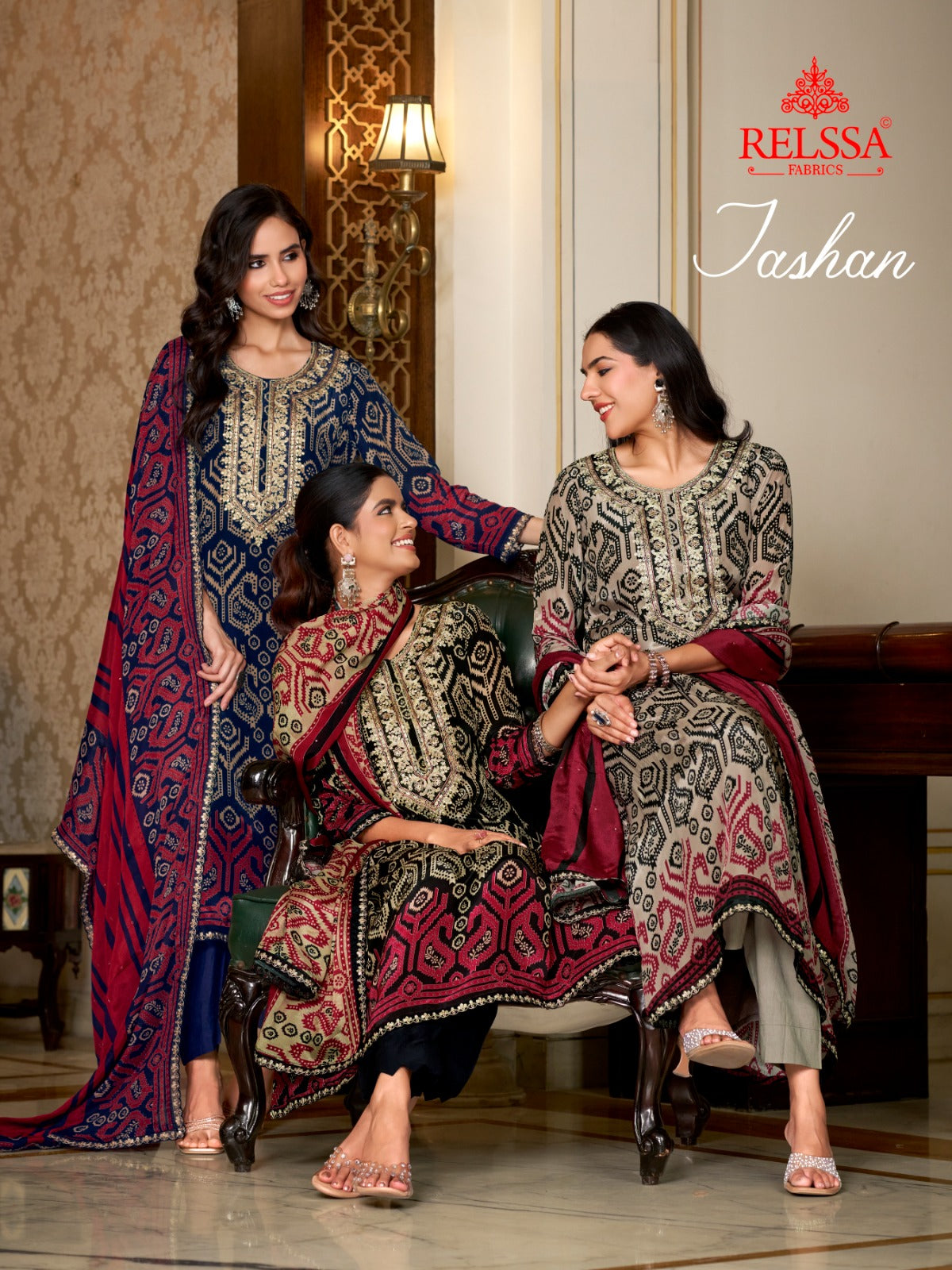 Jashan Relssa Fabrics Natural Crape Pant Style Suits Exporter India