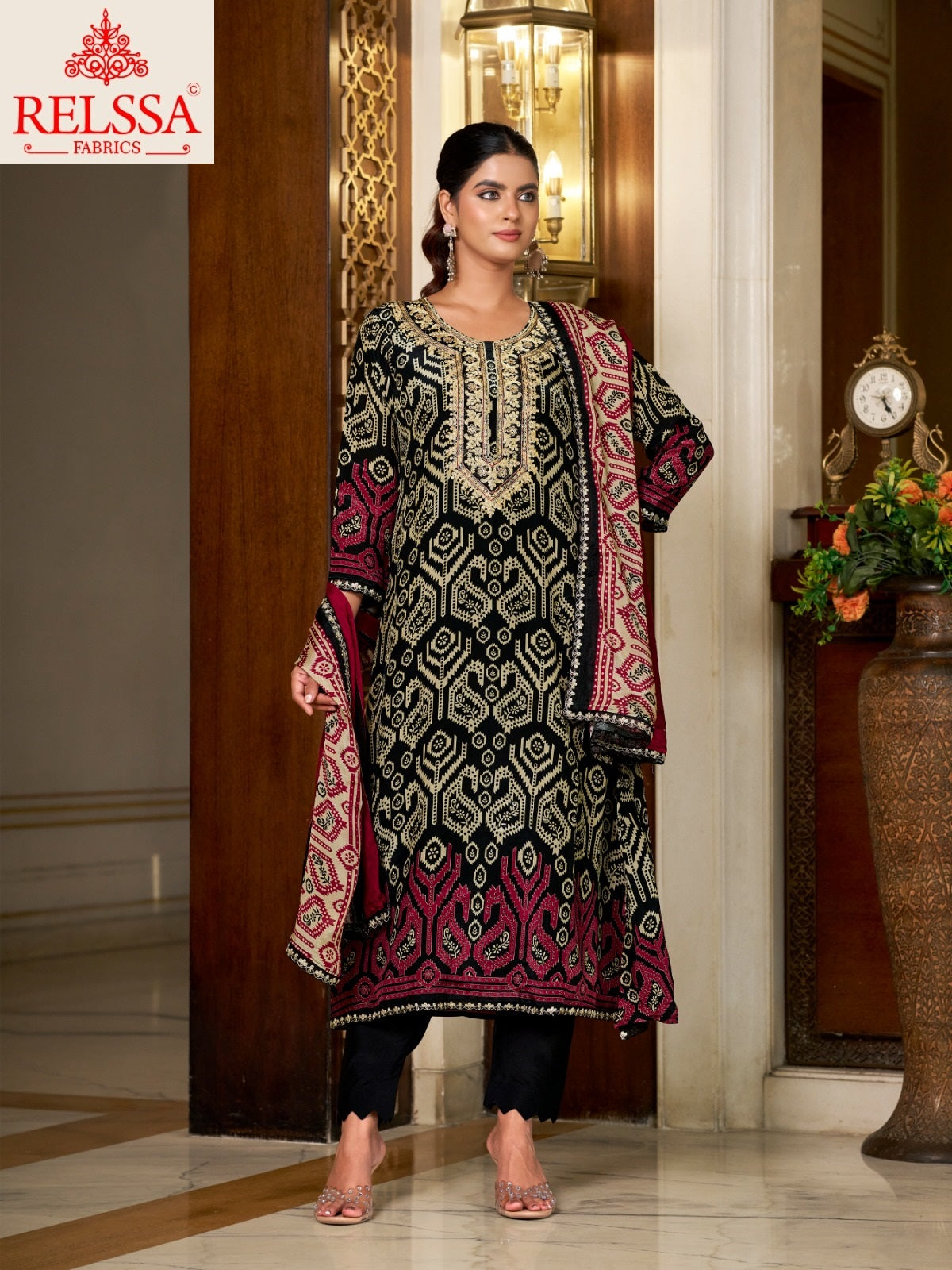 Jashan Relssa Fabrics Natural Crape Pant Style Suits Exporter India