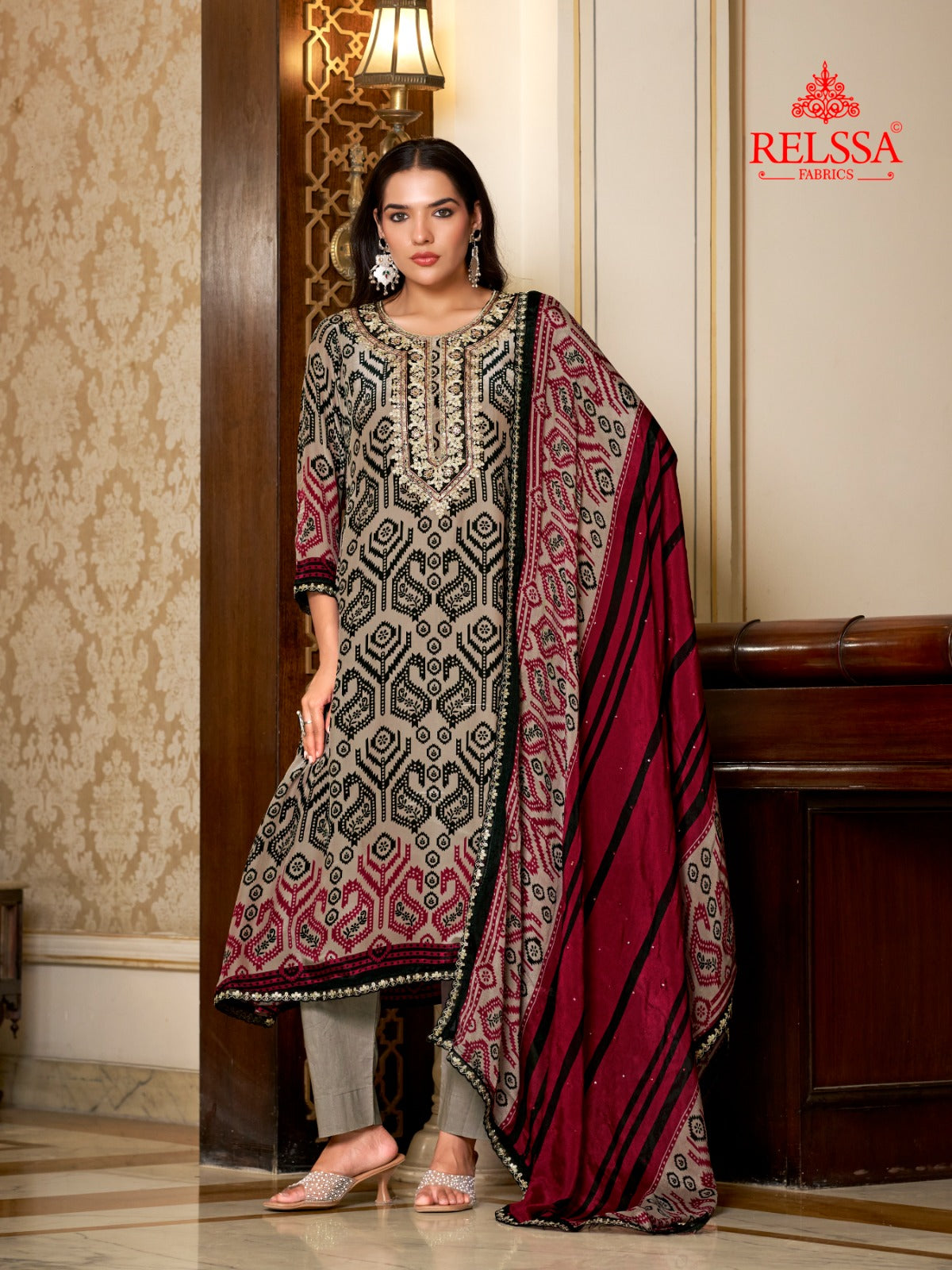Jashan Relssa Fabrics Natural Crape Pant Style Suits Exporter India