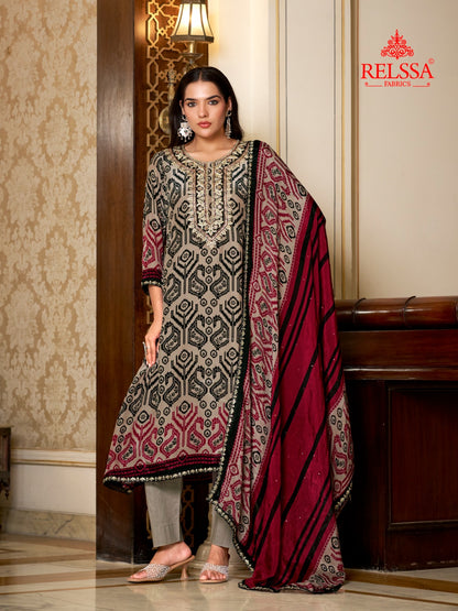 Jashan Relssa Fabrics Natural Crape Pant Style Suits Exporter India