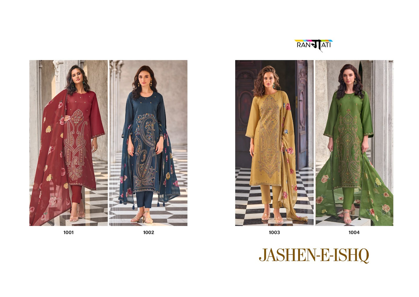 Jashen E Ishq Rangati Prints Russian Silk Pant Style Suits Wholesale Price