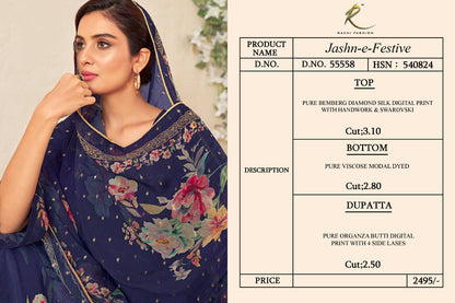 Jashn E Festive 55558 Rakhi Fashion Pure Bemberg Pant Style Suits Manufacturer Ahmedabad
