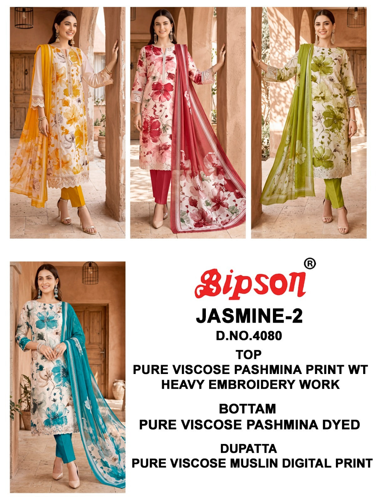 Jasmine 2 Bipson Prints Viscose Pashmina Suits Wholesale