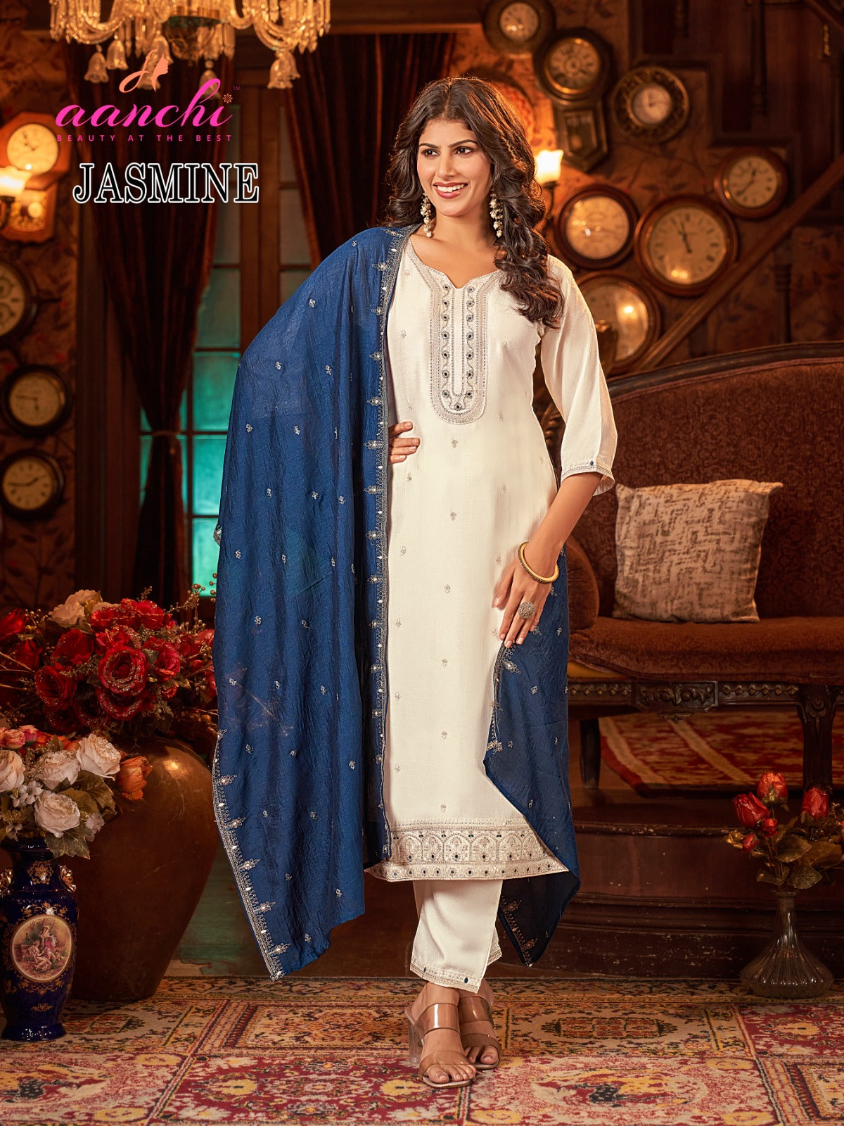 Jasmine Aanchi Vichitra Silk Readymade Pant Style Suits Supplier India