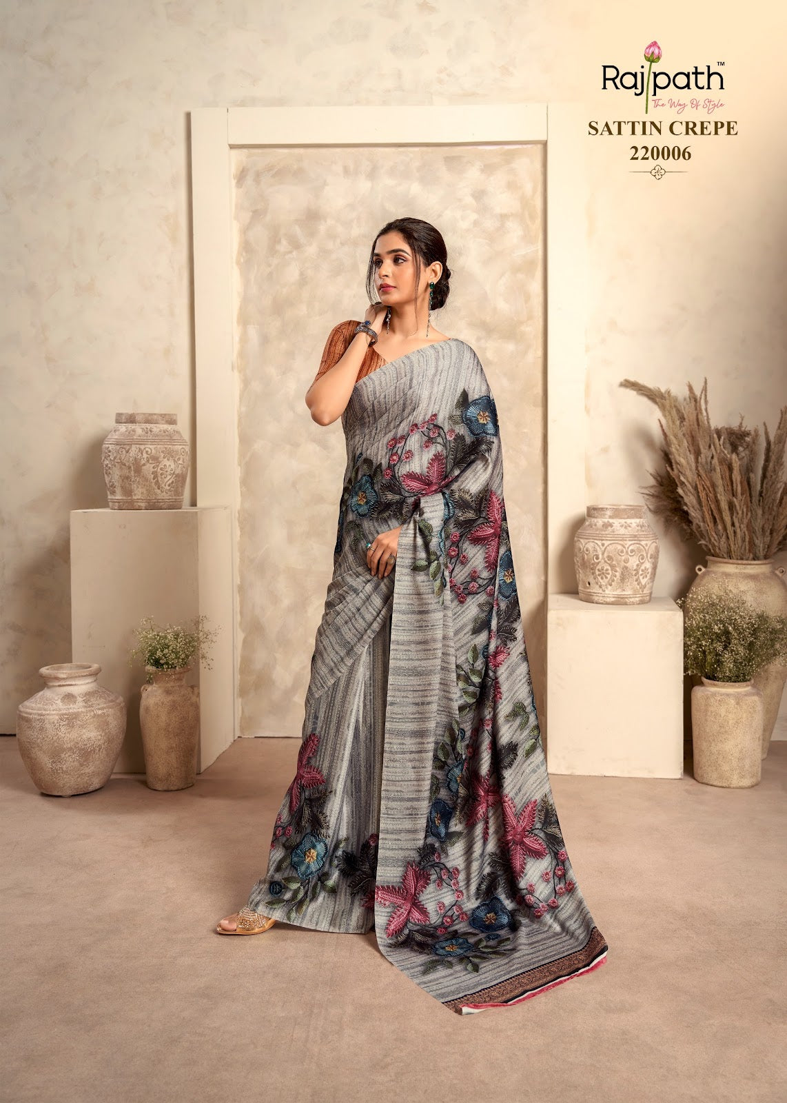 Jasmine Rajpath Crape Silk Sarees Supplier Gujarat