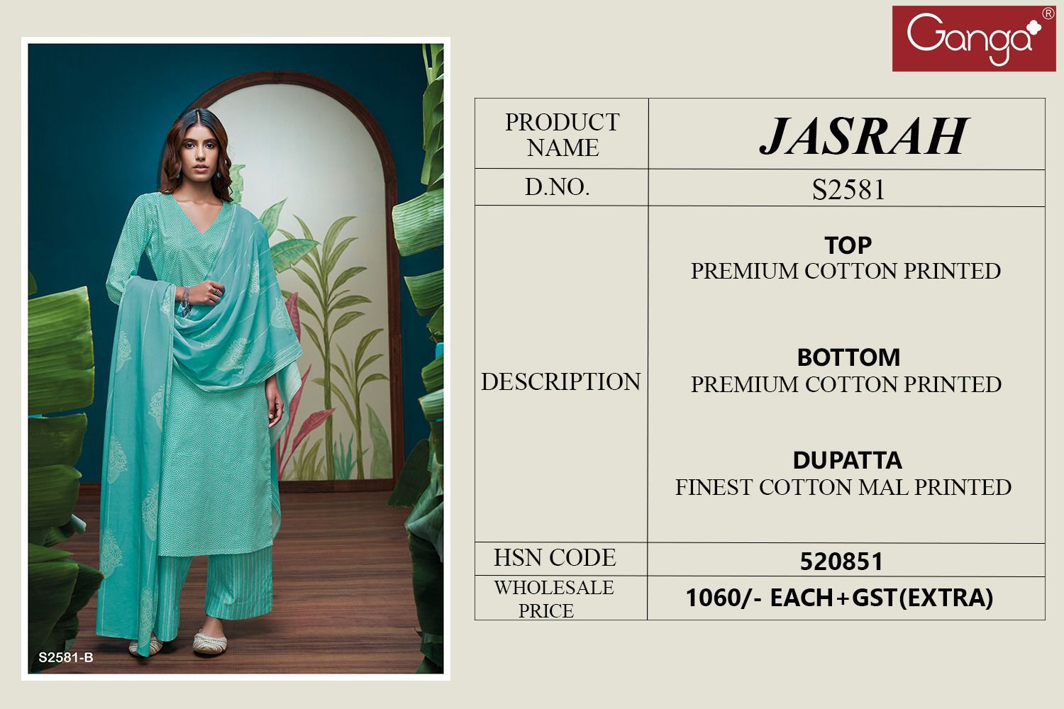 Jasrah 2581 Ganga Cotton Plazzo Style Suits