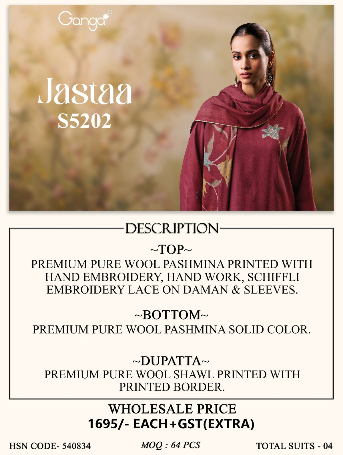 Jastaa S5202 Ganga Wool Pashmina Suits Supplier Ahmedabad