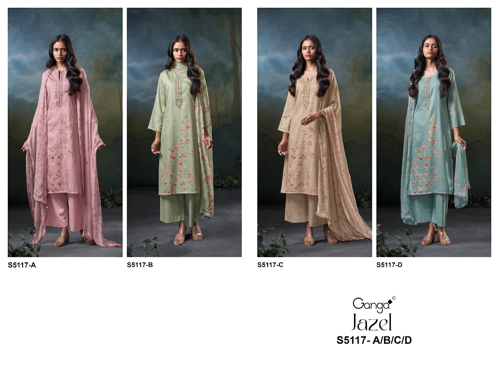 Jazel S5117 Ganga Cotton Satin Plazzo Style Suits Wholesale Rate