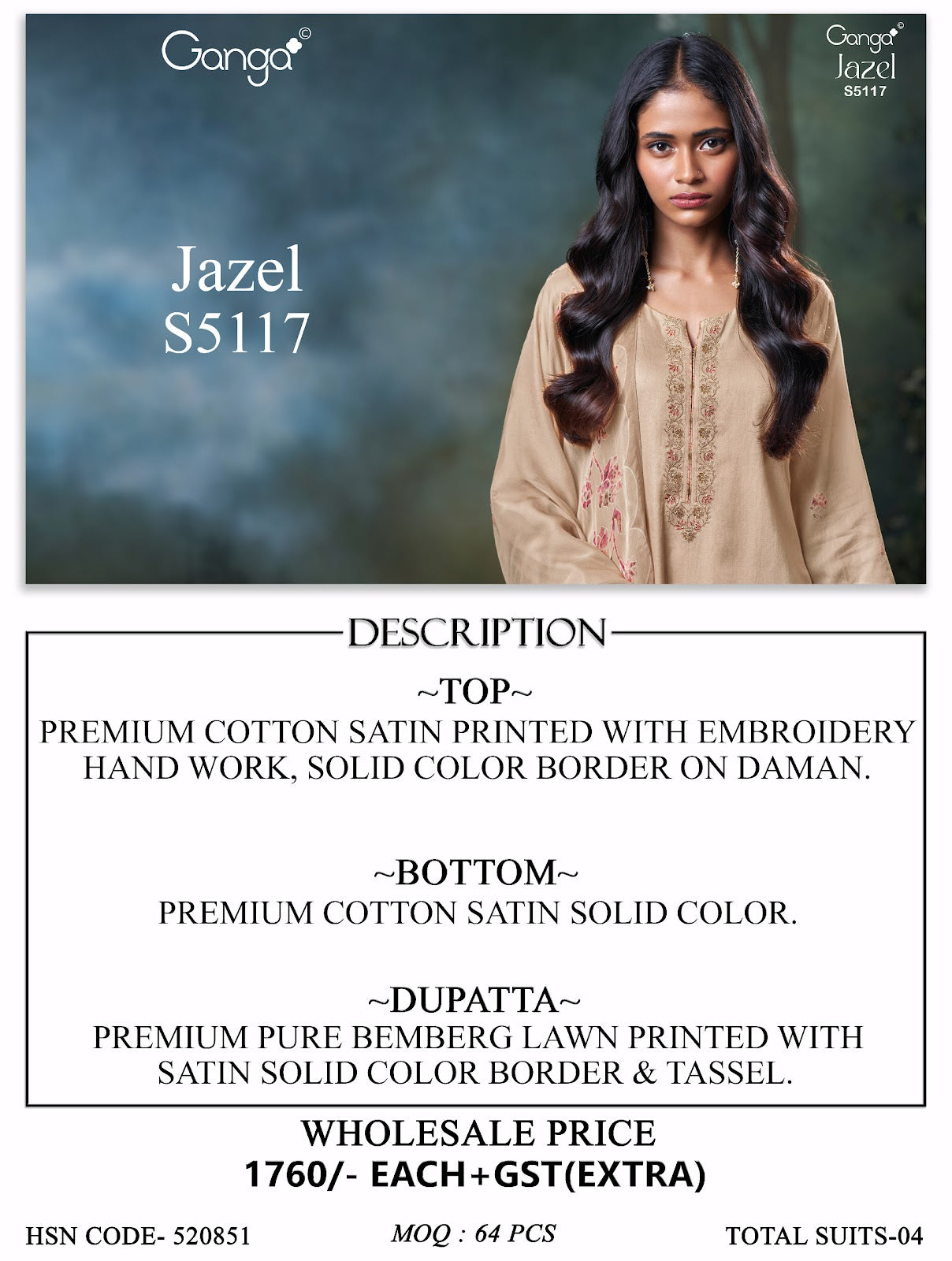 Jazel S5117 Ganga Cotton Satin Plazzo Style Suits Wholesale Rate