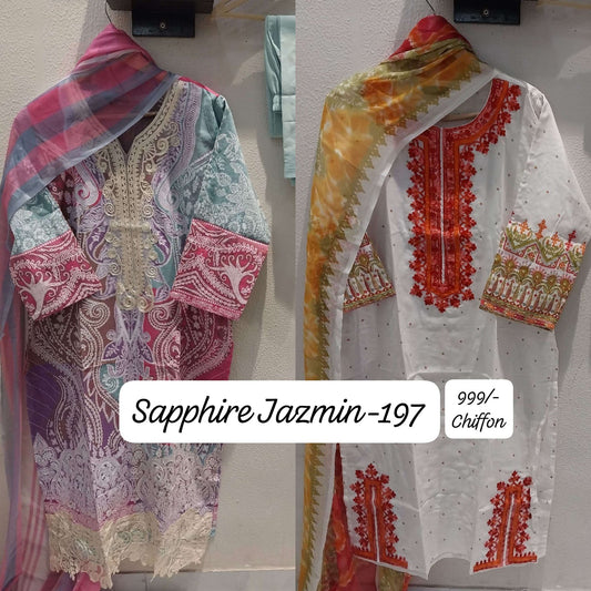 Jazmin 197 Sapphire Lawn Cotton Karachi Readymade Suits Exporter India
