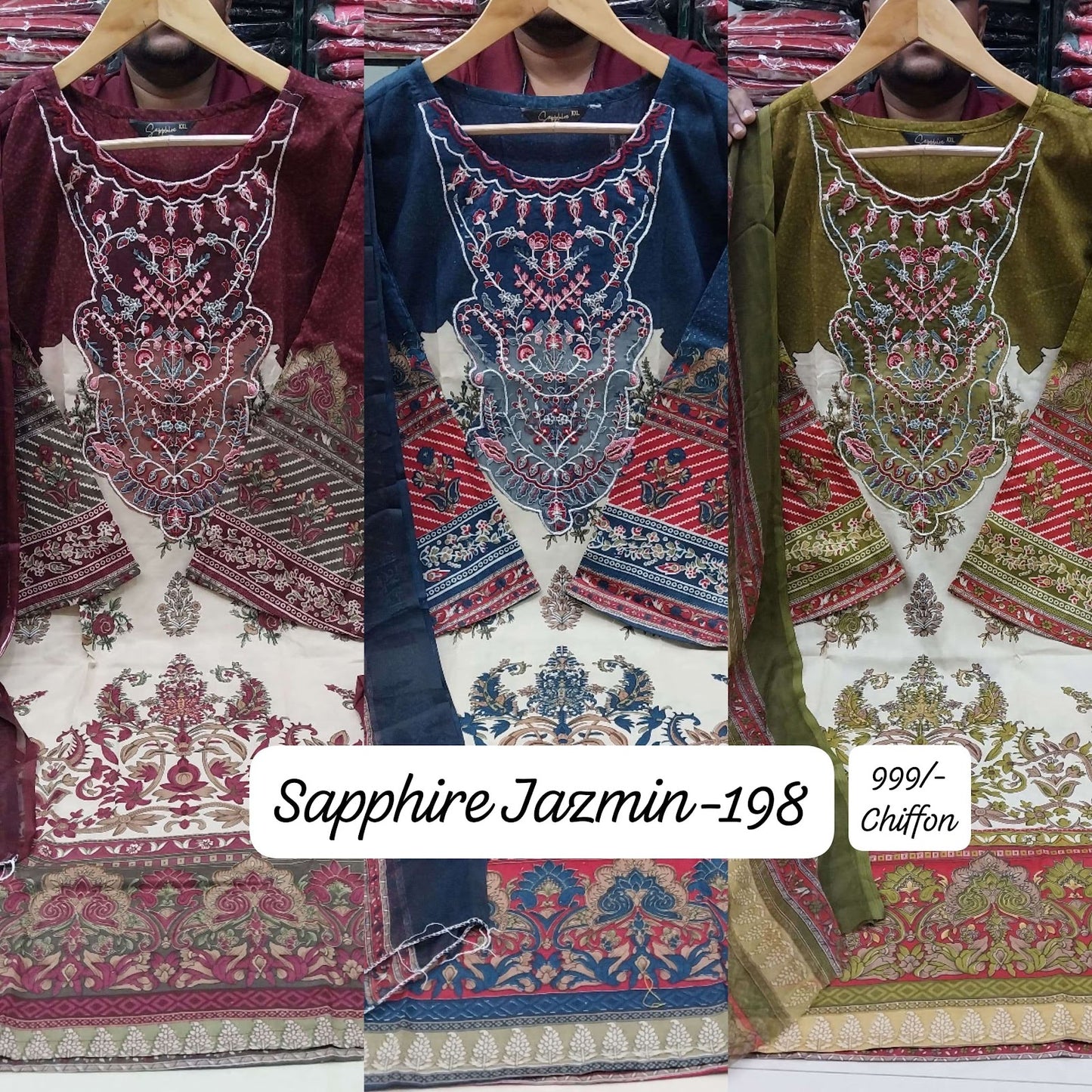 Jazmin 198 Sapphire Lawn Cotton Karachi Readymade Suits Supplier India
