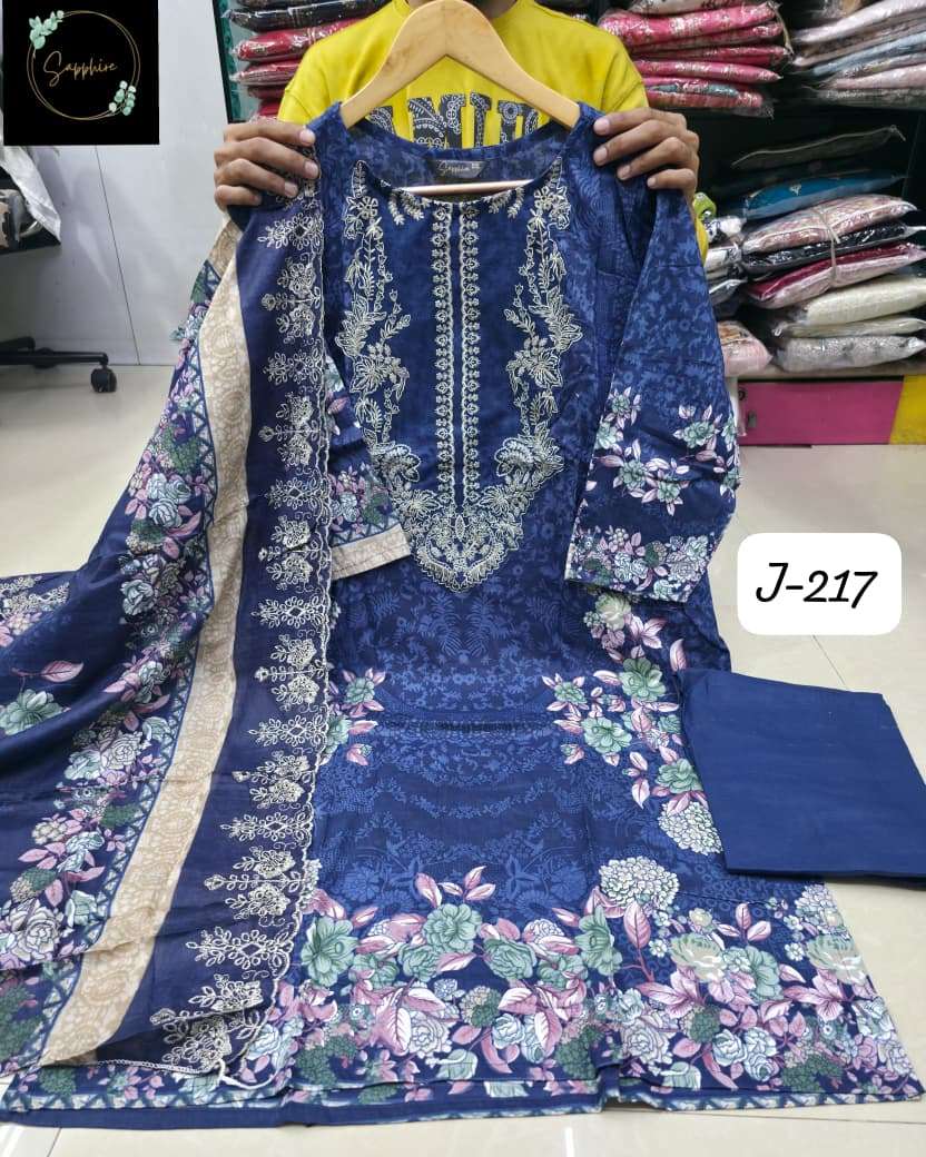 Jazmin 217 Sapphire Lawn Cotton Karachi Readymade Suits Supplier Ahmedabad
