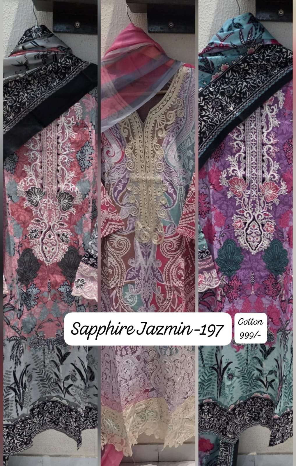 Jazmin New Vol 197 Sapphire Lawn Cotton Karachi Readymade Suits Wholesale